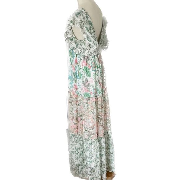 House of Harlow floral mixed print lace edged flutter maxi dress size M medium - Picture 5 of 10